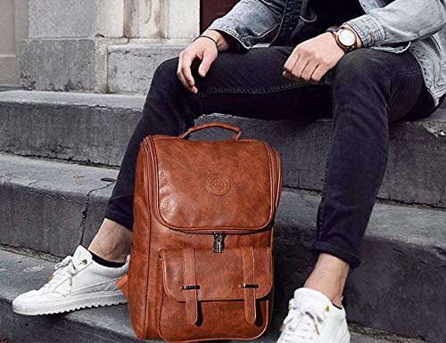 QWARVEL Vegan Faux Leather Laptop Backpack for Men Women, Fashion Laptop Bag, Travel Waterproof Backpack, Brown2