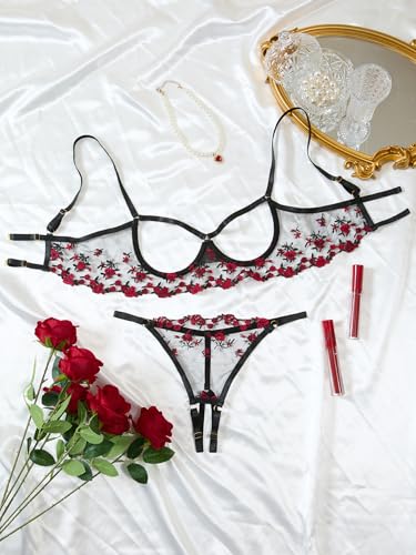 Image of Lilosy Sexy Underwire Floral Lace Sheer Lingerie Set for Women See Through Bra and Panty 2 Piece