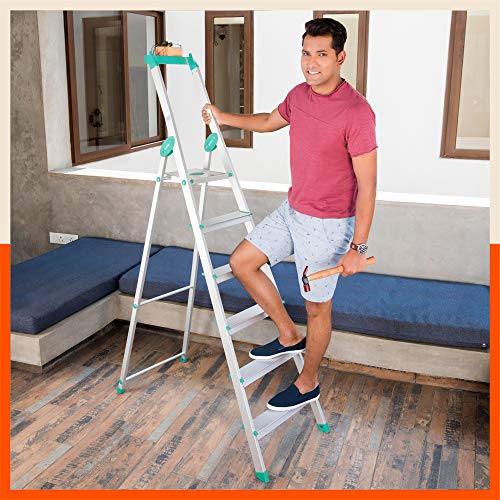Image of Bathla Elevate 6-Step Foldable Aluminium Ladder for Home with Tool Tray | Anti-Skid | Durable, Heavy Duty, Safe & Stylish | 5-Year Warranty | Teal