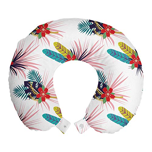 Preisvergleich Produktbild ABAKUHAUS Beschwingt Reisekissen Nackenstütze, Tropische Blätter Wild Flower, Schaumstoff Reiseartikel für Flugzeug und Auto, 30x30 cm, weiß Multicolor