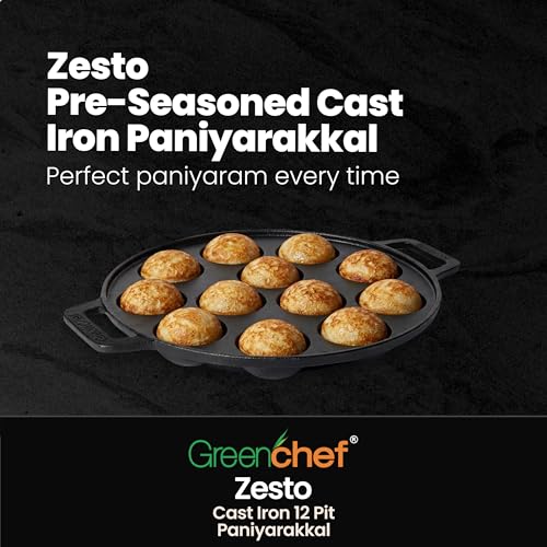 Image of GREENCHEF Pre-Seasoned Cast Iron Zesto Paniyarkkal 12 Pits 20 cm with Nonstick Coating