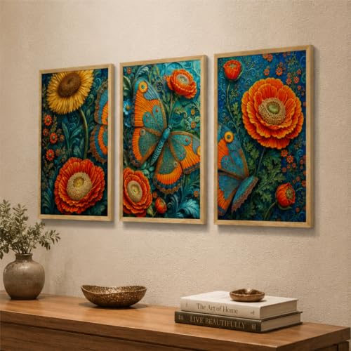 Image of Livin'luxe Set of 3 Butterfly Floral Wall Paintings for Living Room Bedroom Home Decor with Premium Wooden Color Synthetic Frame, Colorful Nature Art (13.5 x 19.5 Inch) NM03-73