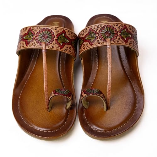 Image of Women's Leather Kolhapuri Chappals - Handmade Ethnic Flats Sandals with Durable TPR Non-Slip Sole