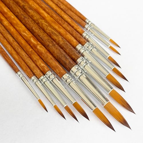12Pcs Different Sizes Artist Watercolor Paint Brushes, Round Pointed Tip Paint Brushes Set for Watercolor, Acrylic, Gouache, Ink, and Tempera Painting, Wooden Handle (Brown)