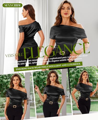 Silk Satin Tops for Women - Off The Shoulder Blouse Dressy Casual Short Sleeve Ruched Elegant Tunic Shirts4