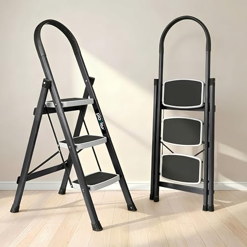 Image of Plantex Steel 3 Step Ladder for Home /Wide Anti Skid 3 Step Ladder Foldable /5 Year Manufacturer Warranty By Plantex(Gray)
