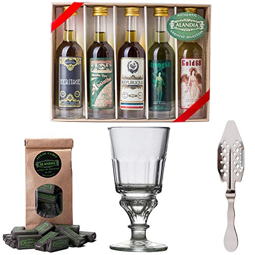 Absinth Starter Set von ALANDIA | Komplett mit 5x original Absinthes | 1x Reservoir Glas | 1x Edelstahl Löffel | 1x Zuckerwürfel | Auch super als Geschenk 0,25 l