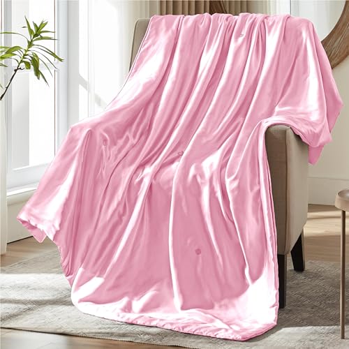 MILVOWOC Blush Pink Satin Throw Blanket - 50 x 60 Inches Cooling Packable Lightweight Satin Blanket Soft & Cozy Silky Throw Blanket for Couch Sofa Bed Outdoor Travel