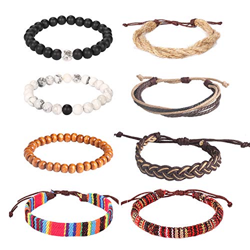 Wrap Bead Tribal Leather Woven Stretch Bracelet - 8 Pcs Boho Hemp Linen String Bracelet for Men Women Girls