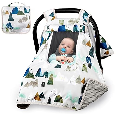 Baby Car Seat Cover, Car Carseat Canopy Boys, Minky Cozy & Warm Cover, Infant Carrier Cover with Peep Windows, Soft & Breathable, Adventure Mountain Nursery Theme Cover