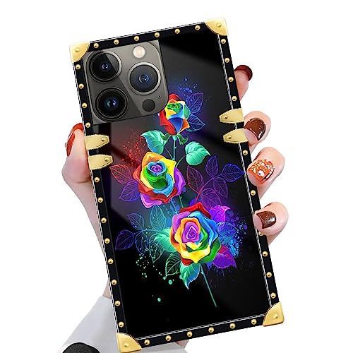 Coque iPhone 15 Pro carrée à fleurs dorées en TPU souple antichoc