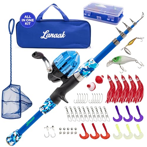 Lanaak Beginner Kids Fishing Pole & Tackle Box - Camo Blue Kids Fishing Rod