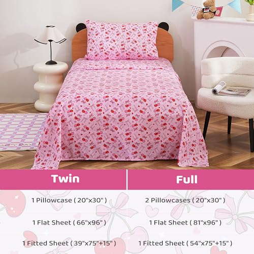 Image of Viviland 3 Pieces Girls Bow Cherry Twin Sheet Set - Soft Microfiber Fitted Flat Sheets & Pillowcase Bed Sheet Set - Pink Bedding Sets for Kids