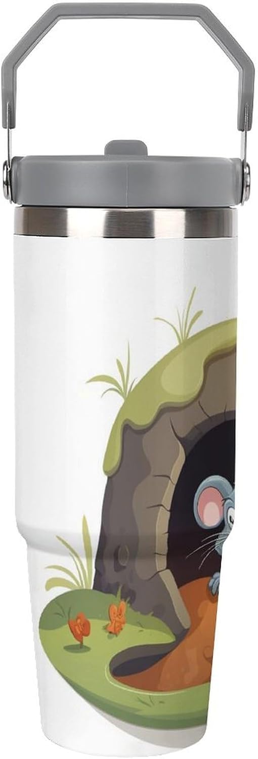 30oz Insulated Tumblers with Top Handle, Stainless Steel The Hole Car Cup with Straw for Gift, Leak-Proof Double Wall Vacuum Travel Mug, Personalized Water Bottles White