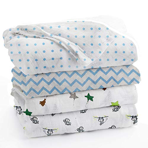 Image of baby swaddles for new born Pure Cotton Muslin Baby Swaddle Blanket, Swaddle for Newborn Baby Super Soft Cotton Receiving Wrapper Cloth, Stroller Cover-Pack of 4 with Size 120X100 CM - Blue Families