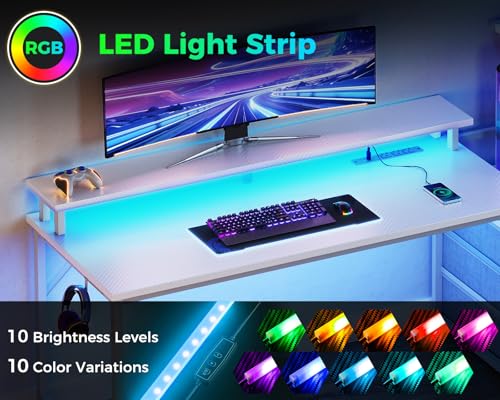 AODK 52 Inch Gaming Desk with USB Charging Ports & LED Light- Reversible Computer Desk with Storage Shelves & Monitor Stand, Modern Gamer Desk Table with Fabric Drawers, White by AODK - Image 5