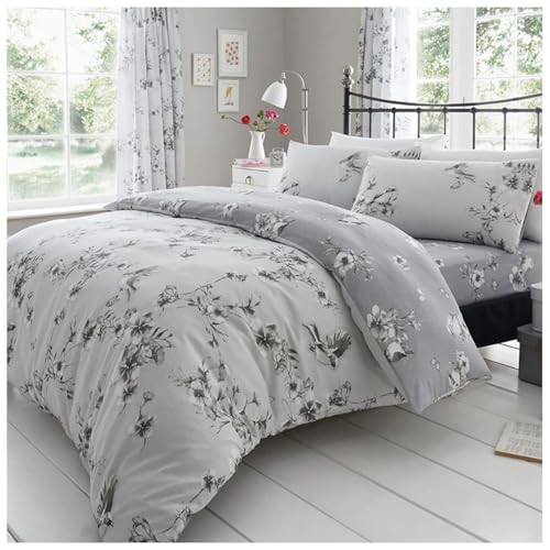 GC GAVENO CAVAILIA Birdie Blossom Soft Floral Kingsize Duvet Cover Sets, Breathable Comfy Reversible Botanical Flowers Bedding Set With Pillowcases, Luxury Birds Quilt Cover, Grey