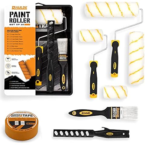 RAULDE 10-teiliges Malerset - Enthält Malerrolle, Farbwanne, Malerpinsel, Malerkrepp - Farbroller klein und groß mit Farbwalze - Farbrollen zum Streichen von Wänden & Decken mit Wandfarbe Cover