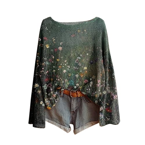 Suéteres, Chalecos Y Sudaderas Mujer Vintage Impreso Floral Bohemia Suéter De Punto Elegante Cuello Redondo De Manga Larga Sudaderas Con Patrón De Túnica De Gran Tamaño Moda Ropa Mujer Cómodo