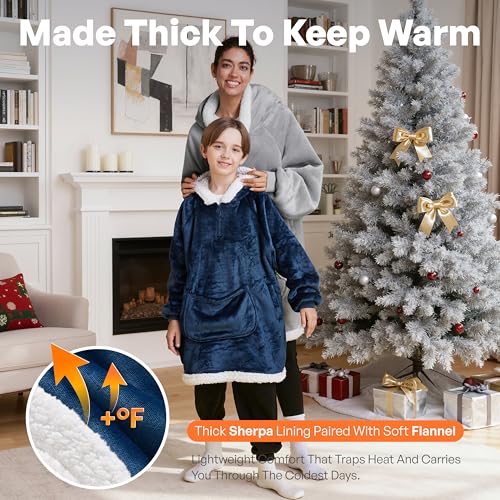 Image of Giggling Getup Wearable Blanket Hoodie for Girls and Boys Sherpa Fleece Hooded Blanket Sweatshirt Warm Cozy Sherpa Wearable Throw Oversized Hoodie with Giant Pocket & Sleeves for Kids Navy