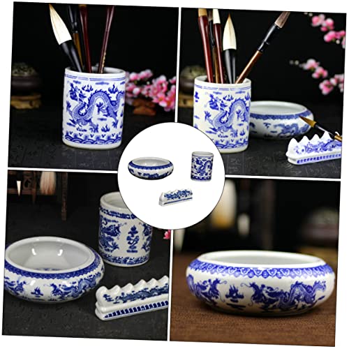 Pot à pinceaux céramique bleu blanc pour bureau - 4