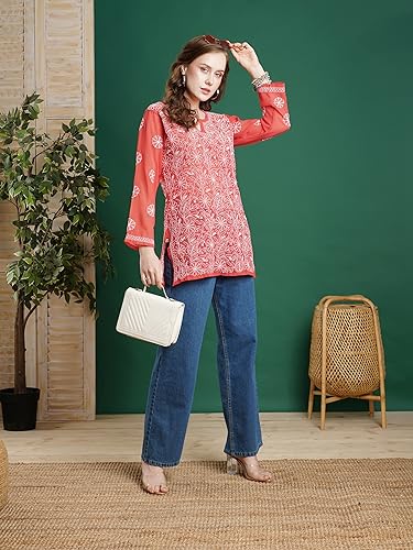 Image of Ada Women's Georgette Regular Fit Chikankari Hand Embroidered Lucknow Short Kurti Top A911224