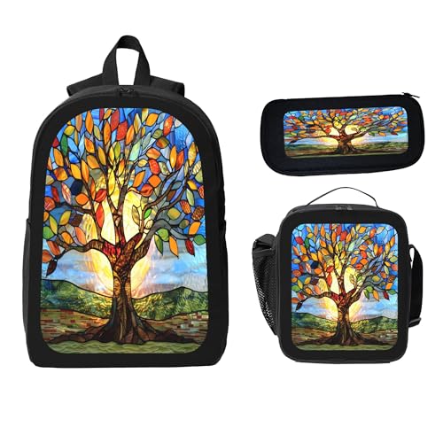 3PCS Backpack for Women Men With Lunch Box Pencil Bag 17 Inch Lightweight Adjustable Strap Back Pack 3 In 1 Set Tree Of Life Casual Daypack Unisex Fit Travel Work Camping