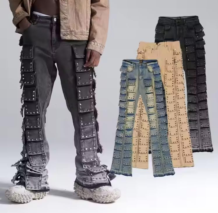 Men's Loose Waist Jeans with Multiple Rivet Designs - Hip-hop Streetwear Men's Jeans2