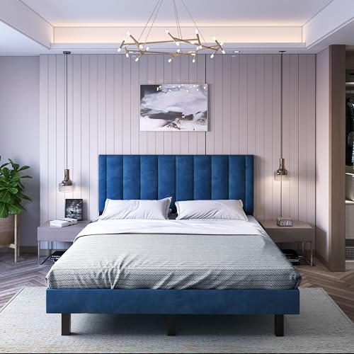 Image of Wooden Modern Upholstered King Size Bed for Bedroom | Wooden Double Bed Without Storage | Platform Cot Upholstered Bed with Upholstery Fabric | Engineered Wood | 6.5 x 6 Ft | Blue-A