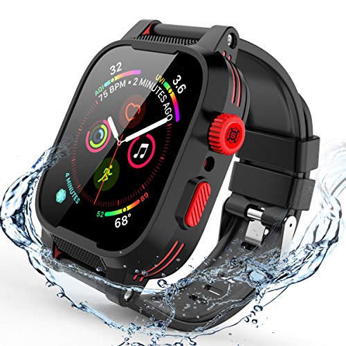 Apple Watch Series 4/5 Case 44mm, iWatch 4 44mm Waterproof Case with Screen Protector 44mm Case Shockproof Full Body Rugged 2 TPU Soft Band with Case for Apple Watch Series 5/4 44mm (Black&Red)