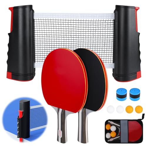 BBWELL Set de Tennis de Table,2 Raquettes de Tennis de Table,4 balles (2 Jaunes,2 Blanches),Filet rétractable,2 revêtements de Manche & Sac de Transport,Set...