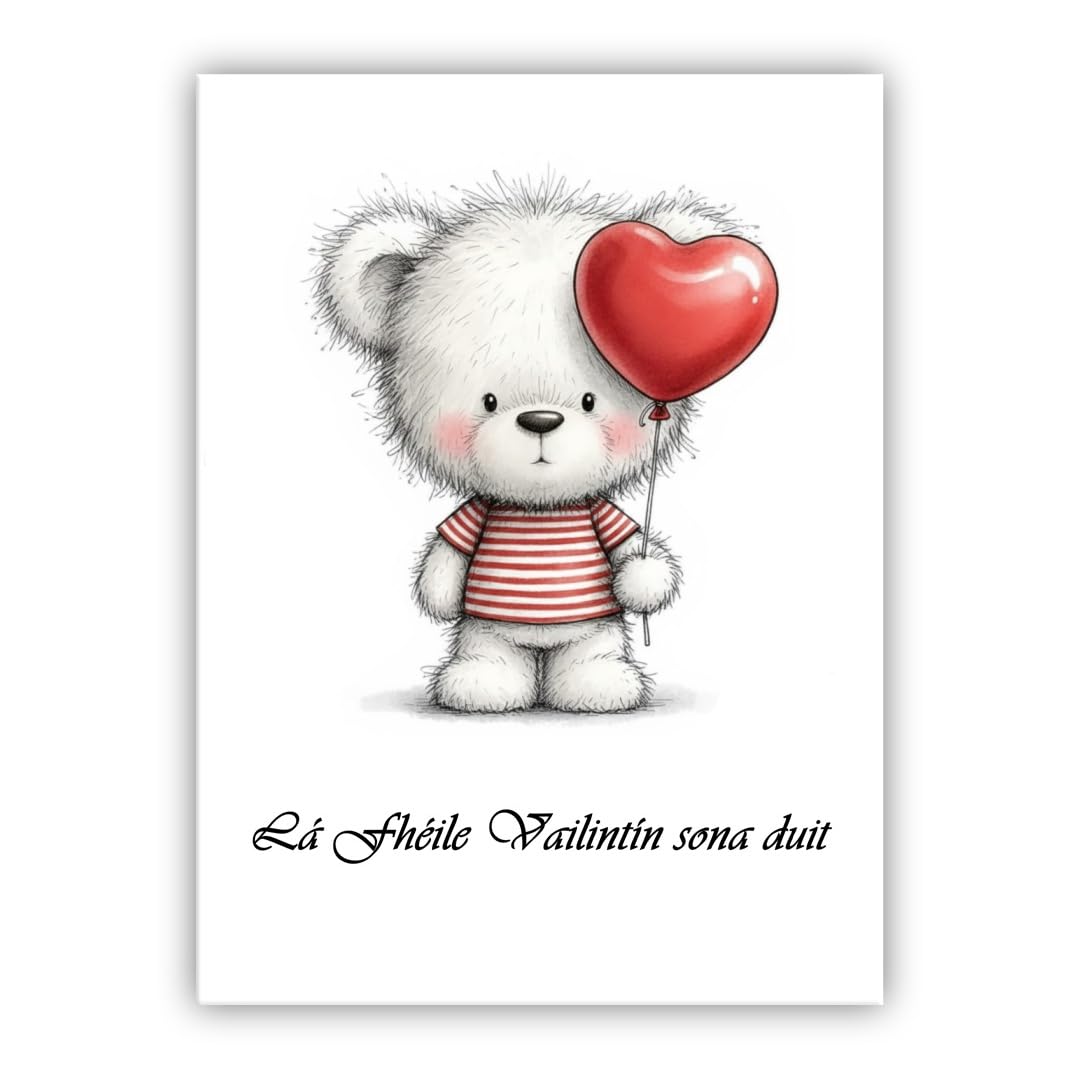 Multilingual Valentine’s Day Card – Cute Bear with Heart Balloon – Romantic Greeting Card for Husband, Wife, Boyfriend, Girlfriend (• Irish Gaelic: Lá Fhéile Vailintín sona duit)