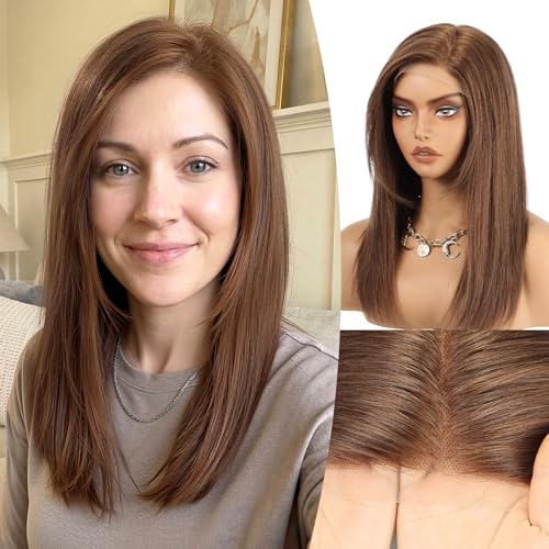 Image of KKU 100% Human Hair Wigs for Women,Real Human Hair Wigs,Side Swept Bangs Lace Front Wig(16 Inch,Chestnut Brown)