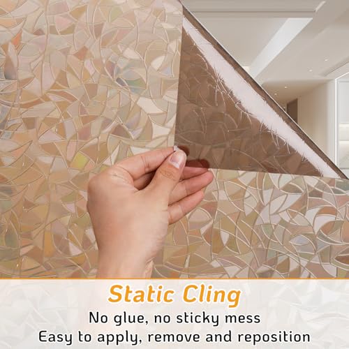 Image of LUTE Rainbow Window Privacy Film, Stained Cling, Brown, 17.5 inch x 78.7 inch | 3D Decorative Non-Adhesive Vinyl, Static Cling Removable Glass Stickers, Sun UV Blocking Decal Covering for Home Office