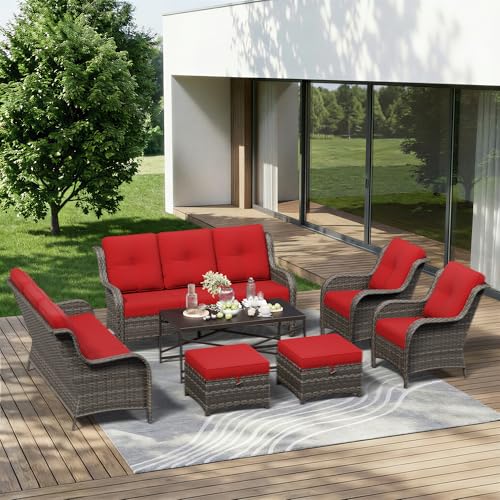 Image of 7 Piece Outdoor Wicker Patio Furniture Set, Patio Chairs Set with Thickened Olefin Cushions, High Back and Deep Seating, Hand-Woven PE Rattan, Ottoman for Porch, Deck
