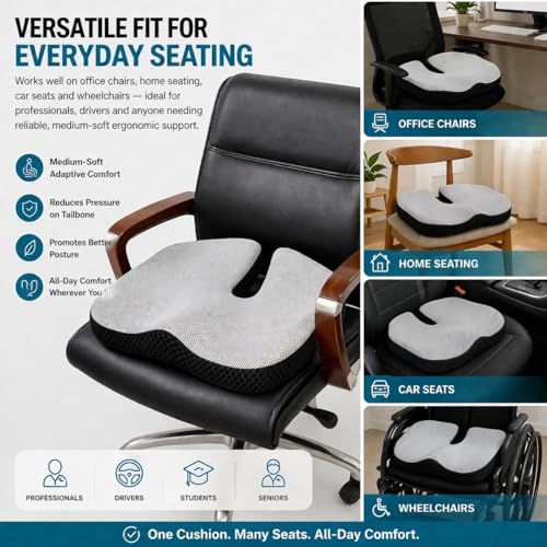 Image of Grin Health Coccyx Pro Large Thick Seat Cushion - Comfort Seating Memory Foam for Tailbone & Back Pain Relief, Orthopedic Chair Cushion for Office, Car, Home & Wheelchair Sitting (Grey)