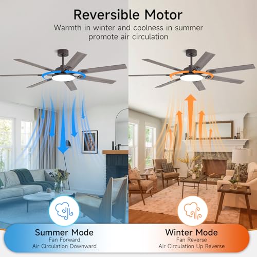 Image of 64 Inch Ceiling Fans with Lights and Remote, Bedroom Living Room Office Library Cafe Outdoor Industrial, 5CCT Dimmable, Dual Color 7 Blades, 6 Speed Reversible Quiet DC Motor, Brown /Wood Grain