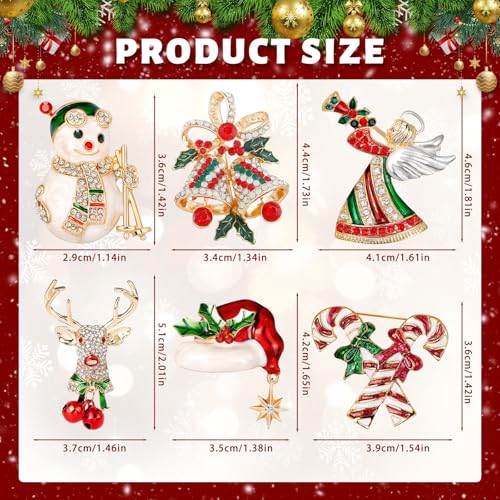 Image of 6 Pieces Merry Christmas Pins Brooch, Rhinestone Crystal Christmas Pin Enamel Christmas Bells Elk Snowmen Lollipop Brooch Christmas Decoration Ladies Holiday Gift Jewelry Party
