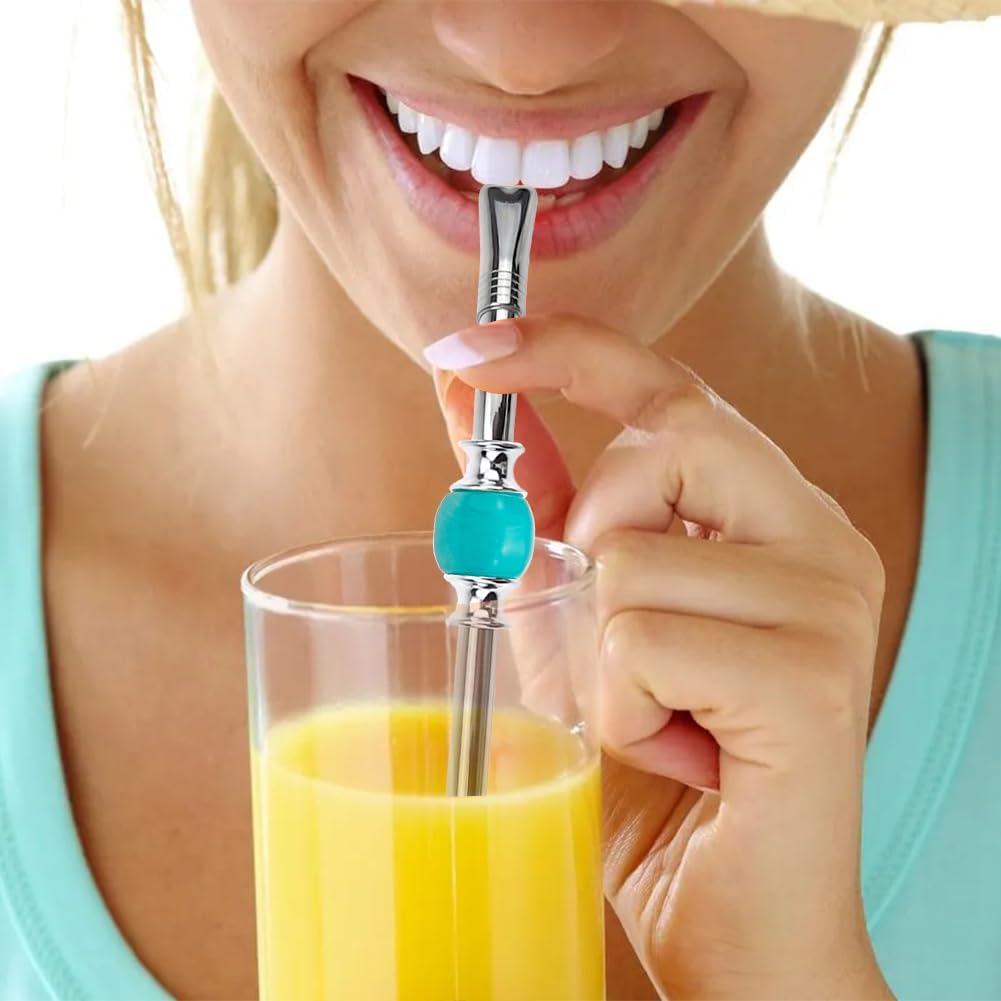 Cannucce Yerba Mate di alta qualità, riutilizzabili, in acciaio inox, con perline colorate, filtro per la testa rimovibile, per tè, caffè, bevande sfuse, cannucce in acciaio inox (testa piatta con