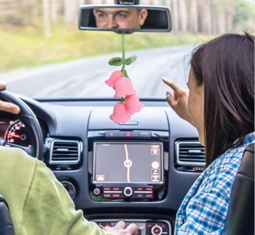 Image of VRB Dec 1 Pcs Crochet Flower for car Dashboard Decoration Items,Car Hanging Crochet Flower,Sunflower Decoration for Car,Car Mirror Hanging Accessories, (Hanging Tulip Pink Crochet - 1 Pcs)