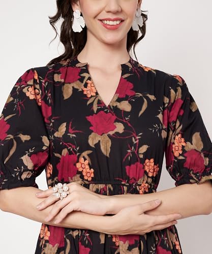 Image of PIDAVLIYA'S Women's Cotton Floral Printed Midi Dress | V-Neck Fit & Flare Dress with Puff Sleeves | Casual Summer Wear