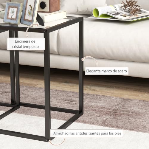 Miniatura 5 de Homcom Conjunto De 2 Mesas Auxiliares Cuadradas Juego De Mesas De Centro Apilables Con Encimera De Vidrio Templado Y Marco De Acero Para Salón 33x33x45,5 Cm Y 42x42x51 Cm Negro