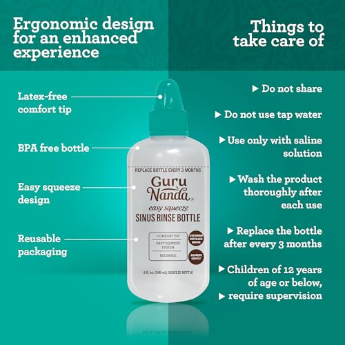 Image of GuruNanda Sinus Rinse Bottle - Comfort Tip for Natural Nasal Irrigator Relief for Adults & Kids - 240ml Capacity (Pack of 6)