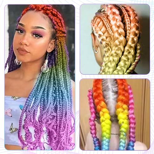 Leogony 2PCS 4 Tone Hair Extensions for Braiding Fake Braids Hair, Orange Yellow Blue Fuchsia Coloured Synthetic Wig - Image 4