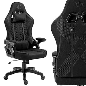 KRAKEN CHAIRS Gaming Stuhl Stoff Bürostuhl Gaming Sessel Höhenverstellbar Drehstuhl Ergonomischer Gamer Stuhl Verstellbare Armlehne Lendenkissen Schwarz