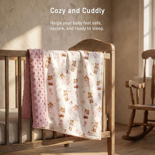 Image of GLLQUEN BABY Blankets for Girls, Soft Muslin Cotton Front Dotted Fleece Backing, Nursery Minky Crib Blanket for Infant Toddler, 30 x 40 inches Throw Blanket, Pink Bear