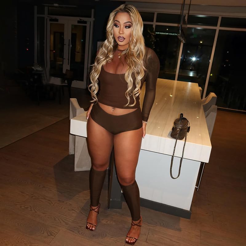 3 Piece Outfits for Women Sexy Sheer Mesh Long Sleeve Tops with Tank Bodycon Short Sets and Calf Sleeve - Image 6