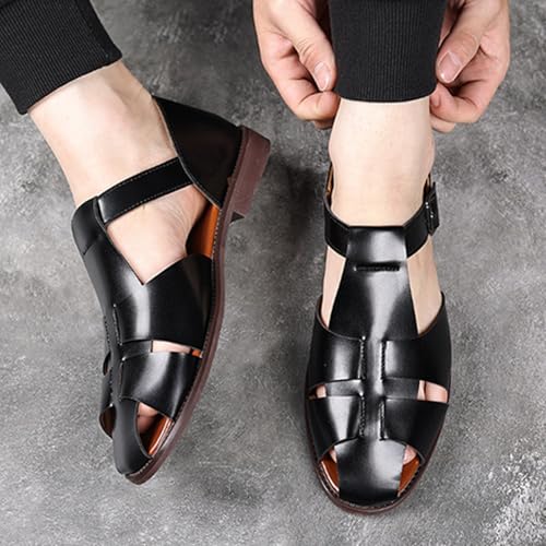 Image of Men's Leather Hollow Flat Fisherman Sandals with Buckle Comfortable Round Toe Breathable Low Heel Non-slip Roman Sandals for Leisure, Work, Driving