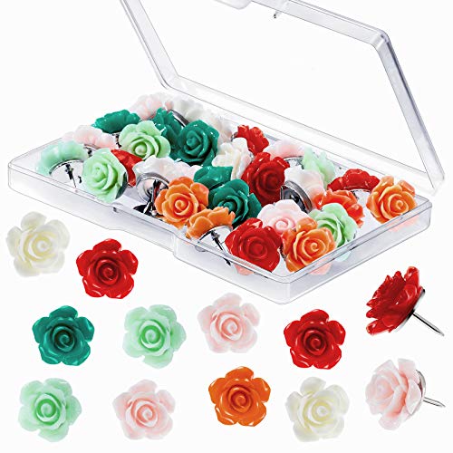 30 Pieces Rose Pushpins Thumbtacks, Cork Board Tacks, Decorative Push Pins Flower Thumb Tacks for Whiteboard, Bulletin Board, Photo Wall, Map, Office Home Organization, Assorted Color