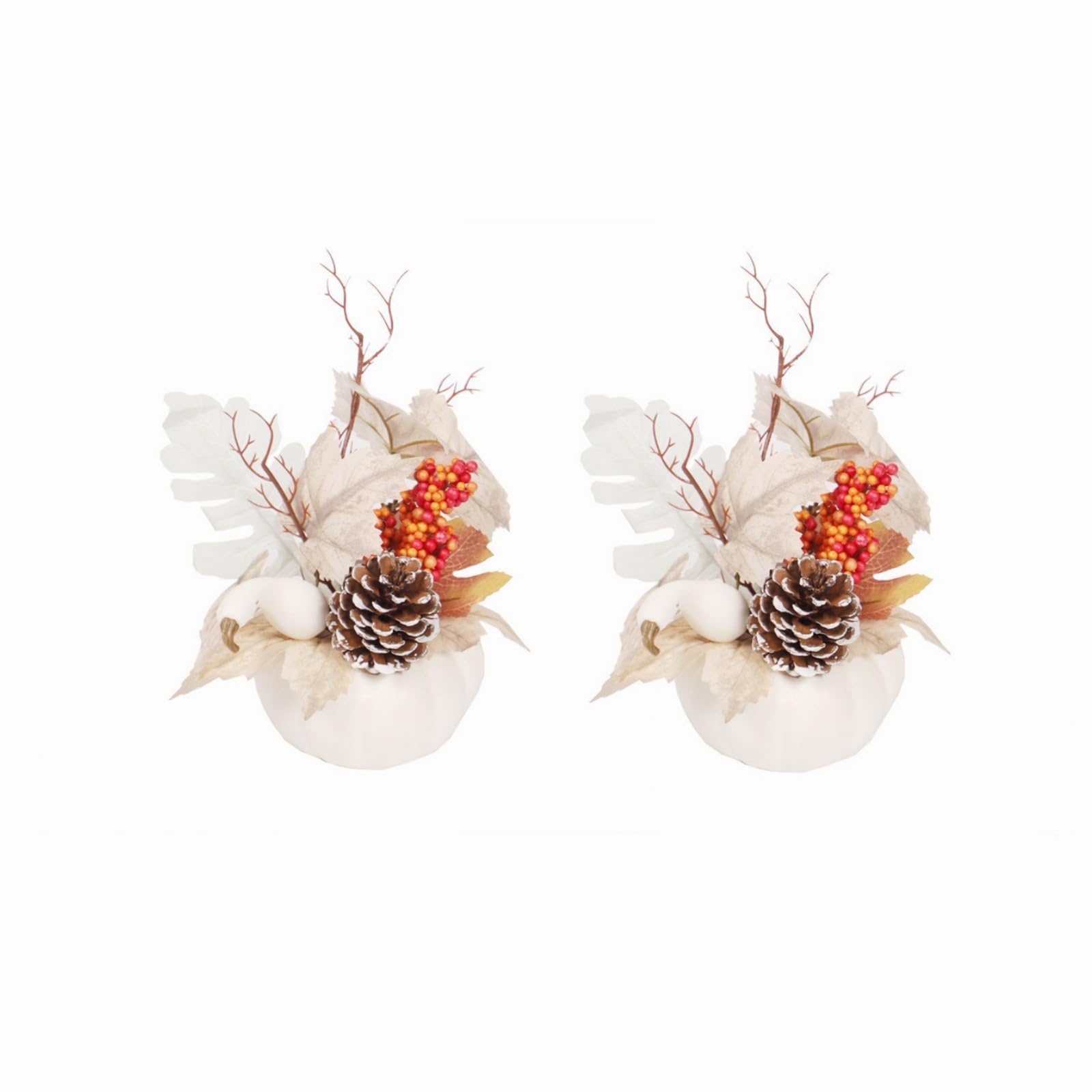 Muiltvoe 3pcs Decorative Pumpkins for Fall Decor, Artificial White Pumpkin Ornament with Berry Maple Leaf for Autumn Thanksgiving Table Fireplace Centerpieces